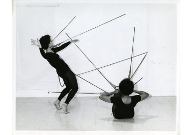 Senga Nengudi and Maren Hassinger. Sculptures R.S.V.P. activated by Senga Nengudi and Maren Hassinger in “Performance Piece—Nylon Mesh and Maren Hassinger,” 1977. Photo: Harmon Outlaw, Pearl C. Wood Gallery, Los Angeles. Courtesy RedLine Gallery.